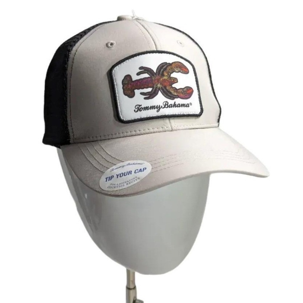 Tommy Bahama Lobster Patch Trucker Hat Tan Black Mesh Snapback Cap NWT